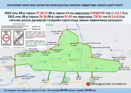 СОНДГОЙ тоогоор төгссөн дугаартай автомашин өнөөдөр хөдөлгөөнд оролцоно